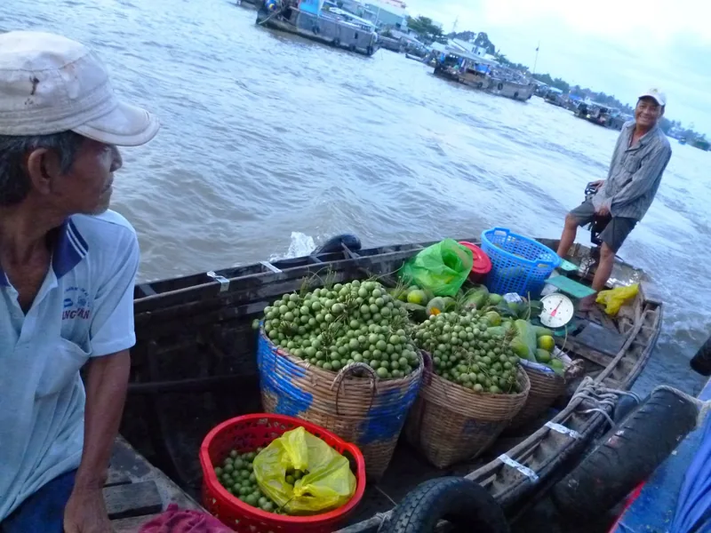 Vendors on a wooden boat loaded with baskets of green fruit at Cai Rang floating market in Can Tho.