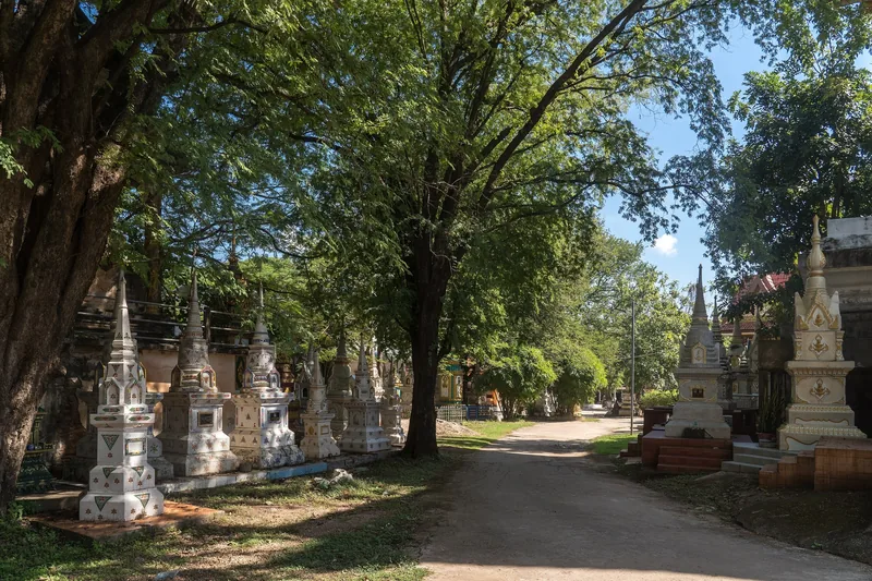 Rows of ornate funerary stupas line a shaded pathway at a temple in Champasak, Laos.