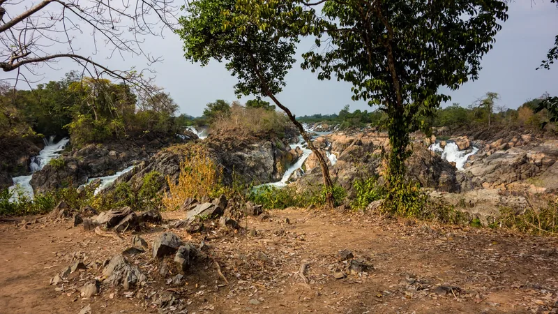 Rocky riverbank with trees overlooks the cascading falls of Si Phan Don's Mekong River in Laos.